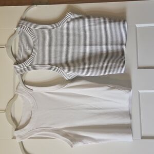Old Navy Two Cropped High Neck Tanks (White And White/Blue Stripe) Large